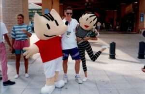1992 Pete at the Barcelona Olympics in the village with mascots
